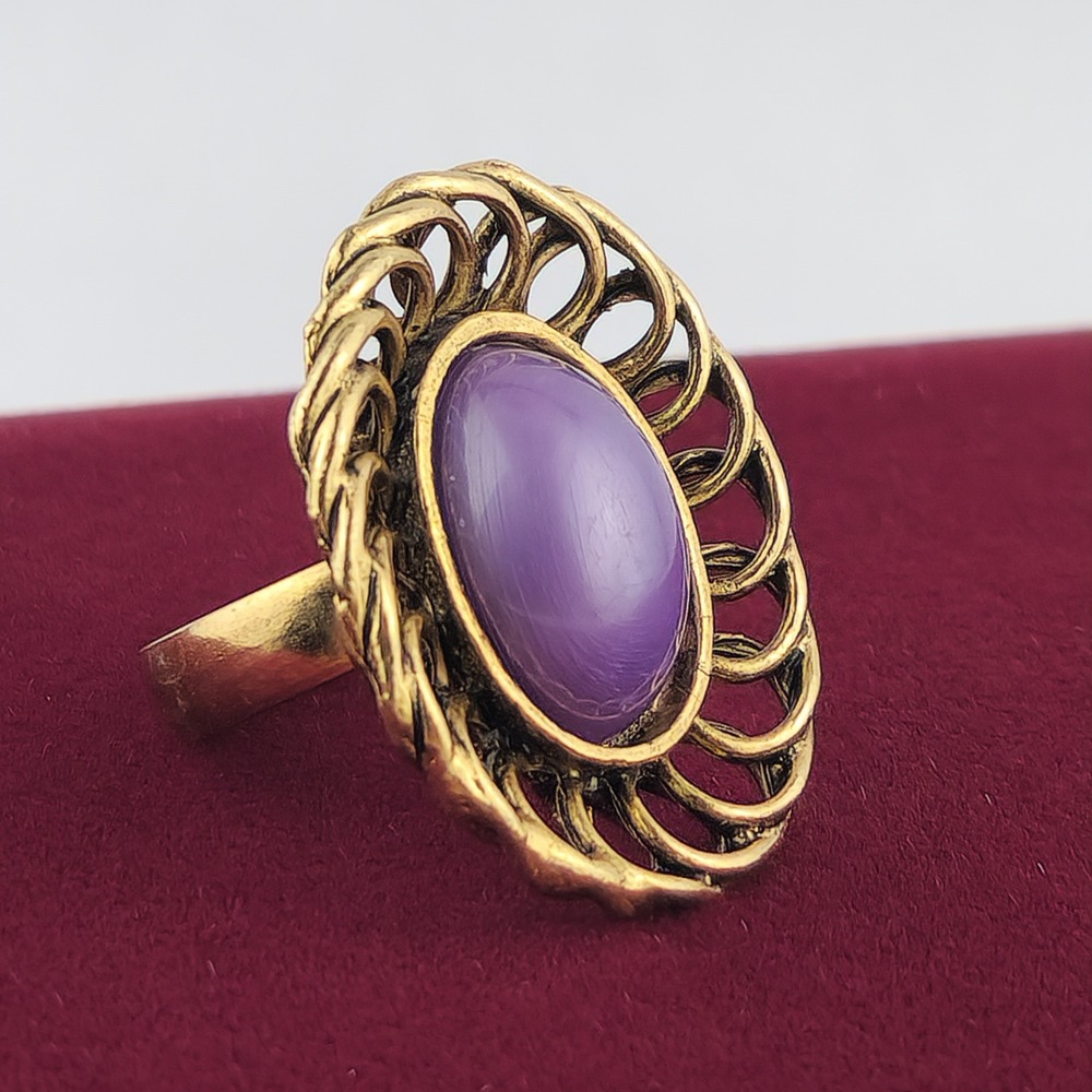 Vintage Gold Tone Purple Cabochon Cocktail Ring Adjustable Statement Swirl